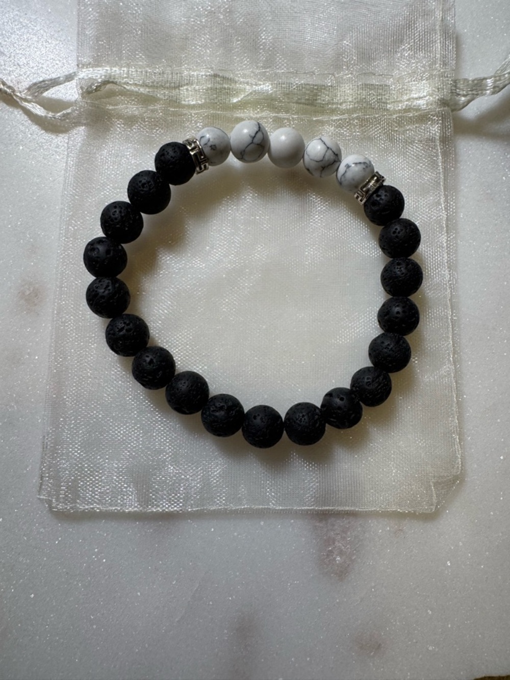 Black and White Beaded Lava Stone Bracelet